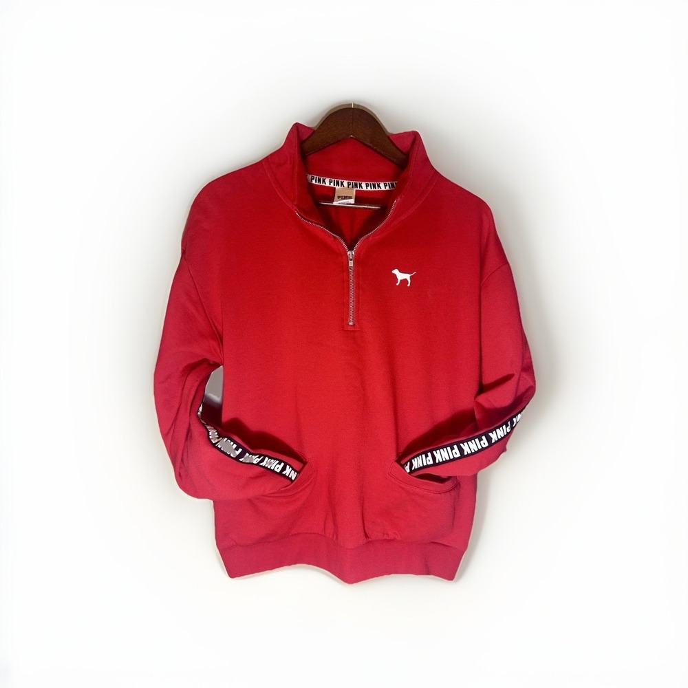 Victoria's Secret PINK Quarter Zip Pullover Sz L RED‎  Dog Logo Tape